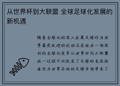 从世界杯到大联盟 全球足球化发展的新机遇